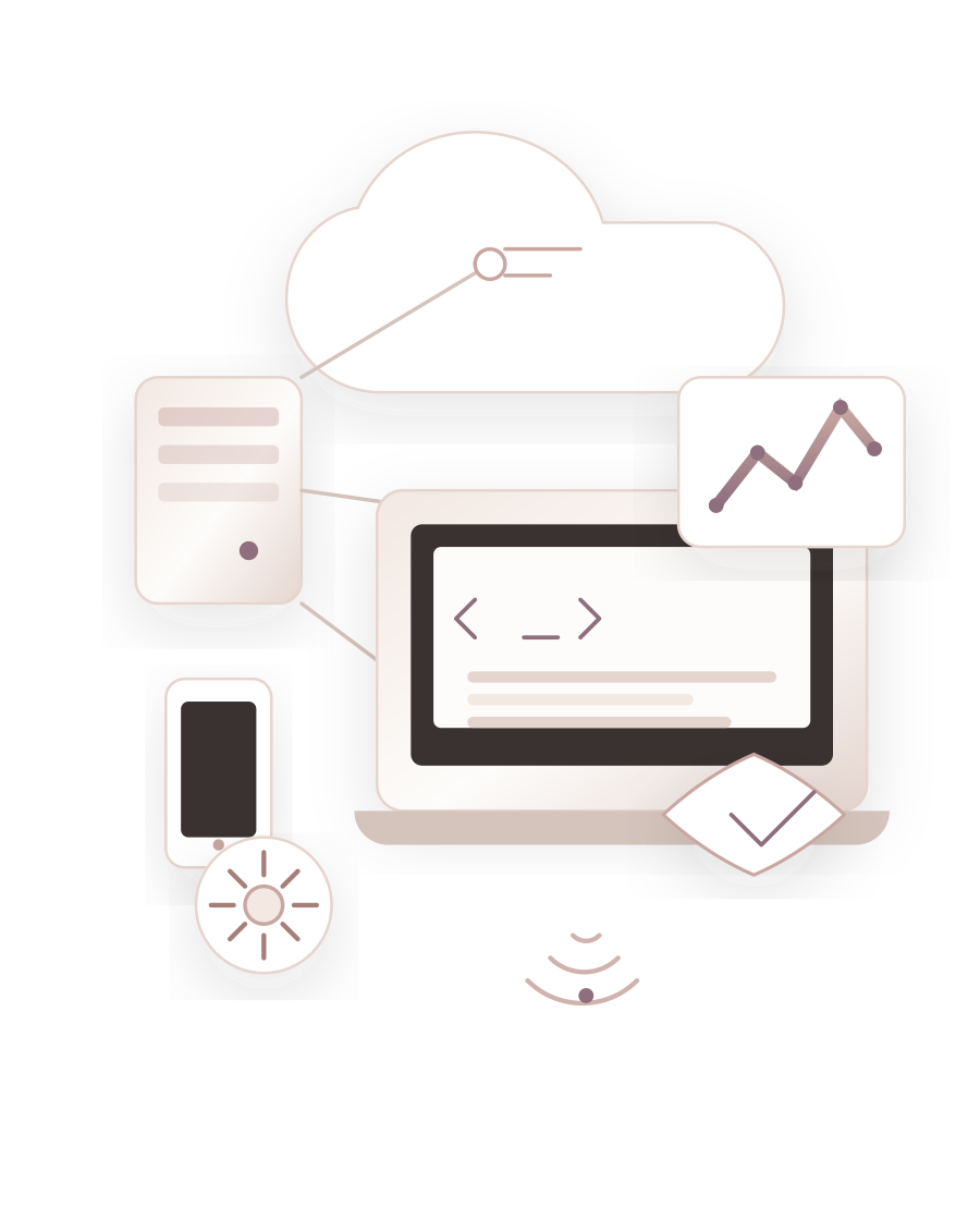 Ilustração com figuras de TI: nuvem, servidor, laptop com código, celular, gráfico, segurança e rede.